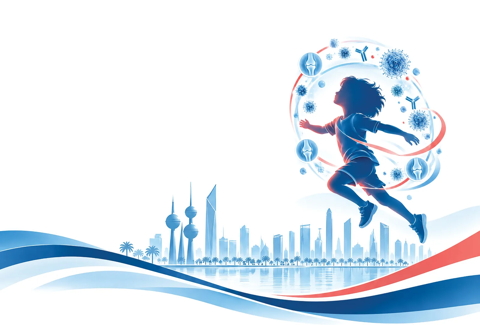 A child leaping through a ring of joints and immune cells over the Kuwait skyline, Kuwait Towers and Liberation Tower beside the water